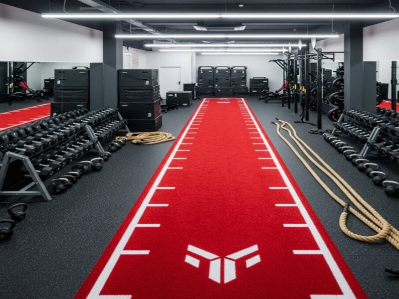 A spacious modern gym with a green nylon workout turf track for functional fitness and sled pushes.